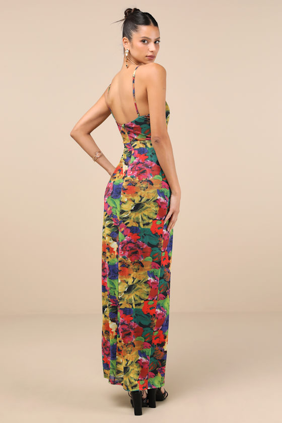 Lulus Sunniva Black Multi Print Mesh Cowl Maxi Dress In Black