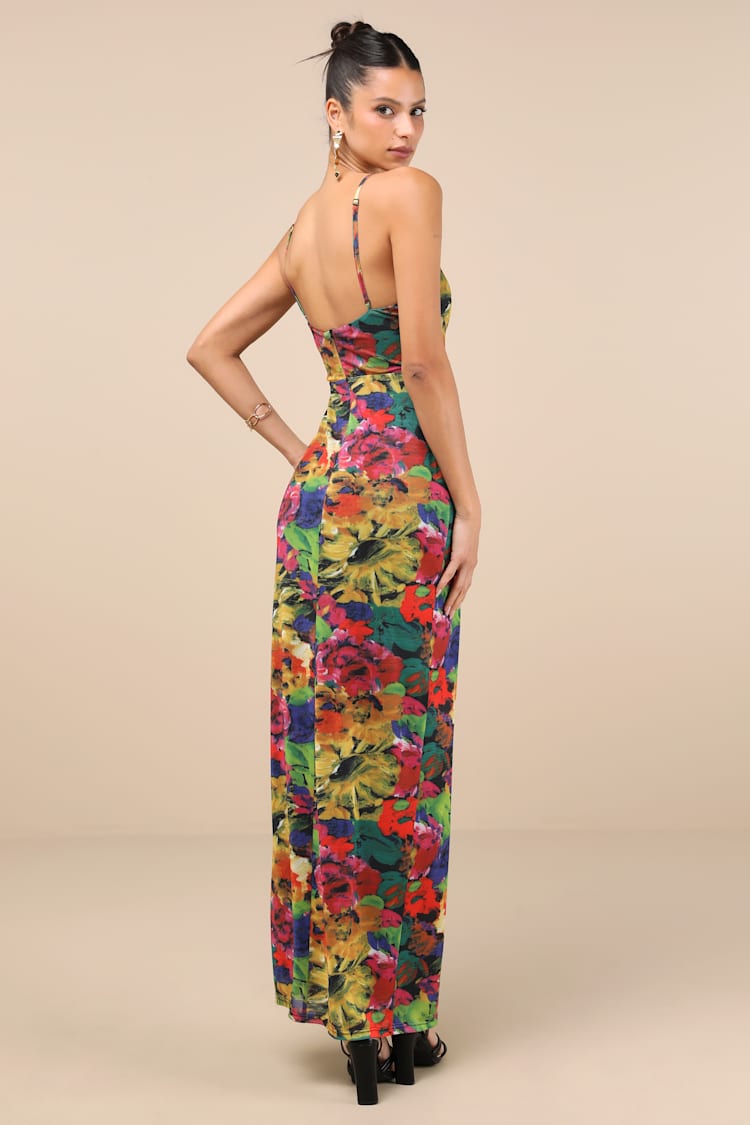 Sunniva Black Multi Print Mesh Cowl Maxi Dress