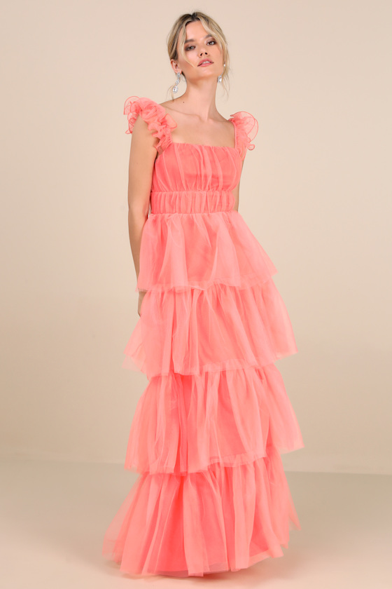 Tulle For Love Coral Pink Mesh Tulle Tiered Ruffled Maxi Dress 2