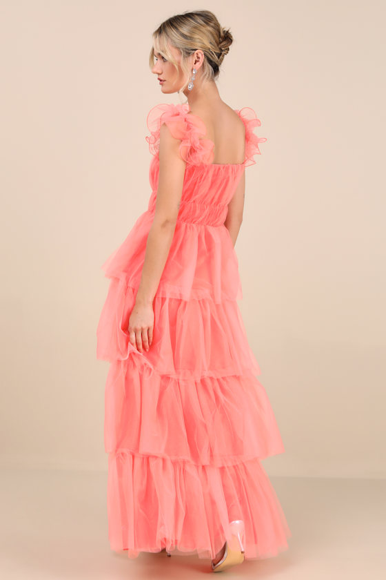 Lulus Tulle For Love Coral Pink Mesh Tulle Tiered Ruffled Maxi Dress In Coral Pink