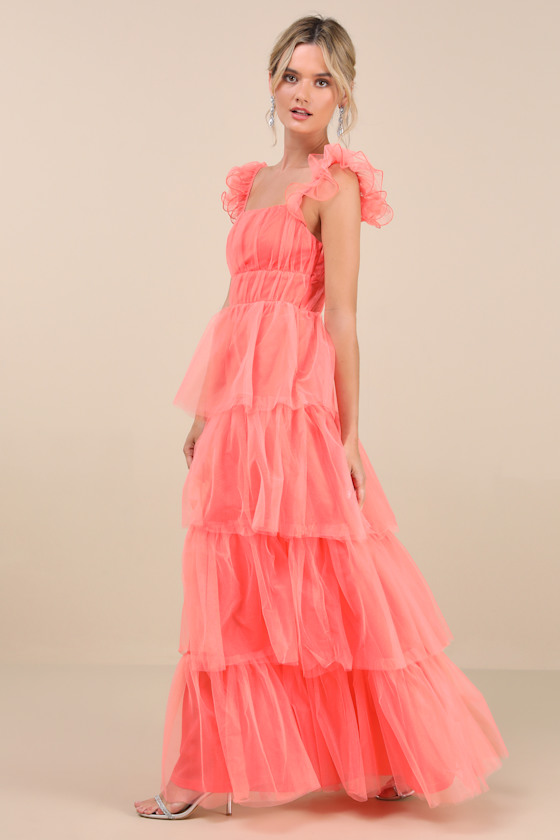 Lulus Tulle For Love Coral Pink Mesh Tulle Tiered Ruffled Maxi Dress In Coral Pink