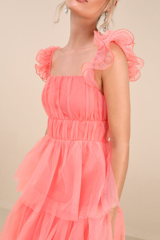 Lulus Tulle For Love Coral Pink Mesh Tulle Tiered Ruffled Maxi Dress In Coral Pink