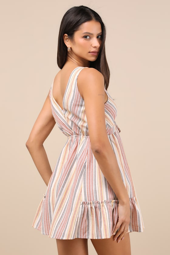 Lulus Precious Destiny Rust Multi Striped Mini Dress With Pockets In Orange