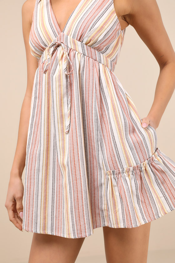 Lulus Precious Destiny Rust Multi Striped Mini Dress With Pockets In Orange