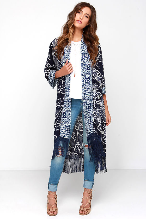 Cute Navy Blue Top Kimono Top Floral Print Kimono 83.00 Lulus
