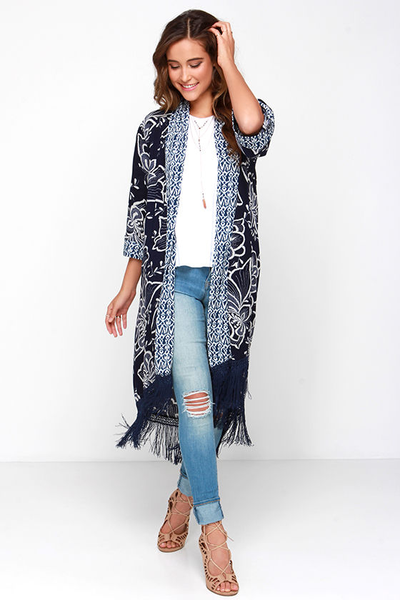 Cute Navy Blue Top Kimono Top Floral Print Kimono 83.00 Lulus