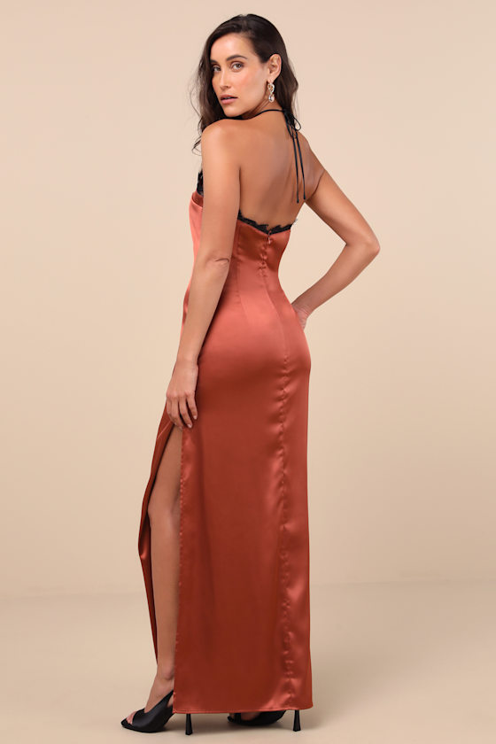 Mairwen Rust Orange and Black Satin Lace Halter Maxi Dress 4
