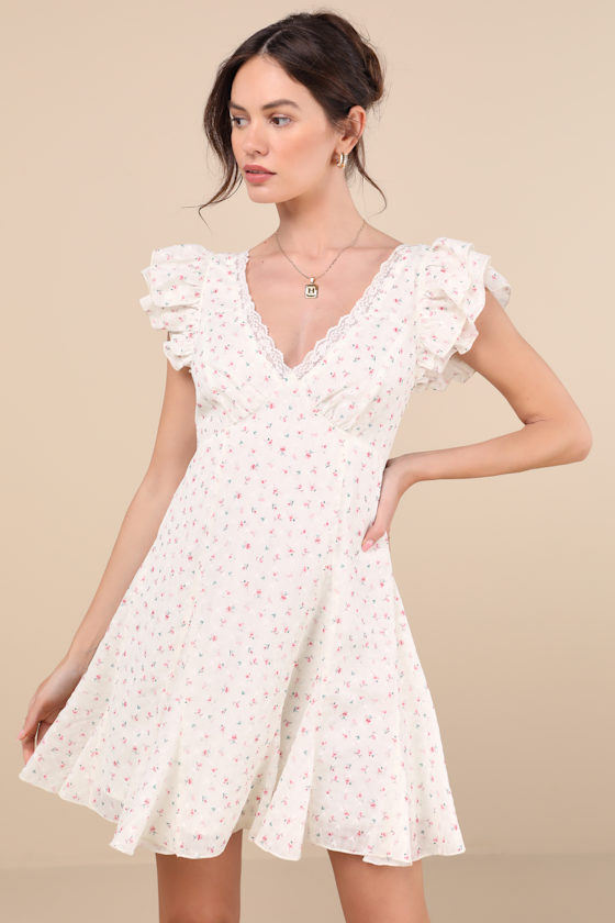 Lulus Eben Ivory Ditsy Floral Flutter Sleeve Mini Dress In Ivory