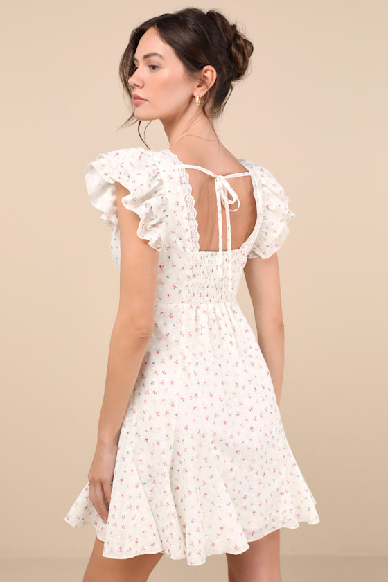 Lulus Eben Ivory Ditsy Floral Flutter Sleeve Mini Dress In Ivory