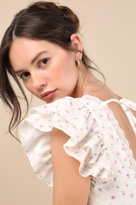 Lulus Eben Ivory Ditsy Floral Flutter Sleeve Mini Dress In Ivory