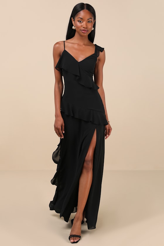 Lulus Utterly Captivating Black Ruffled Sleeveless Maxi Dress