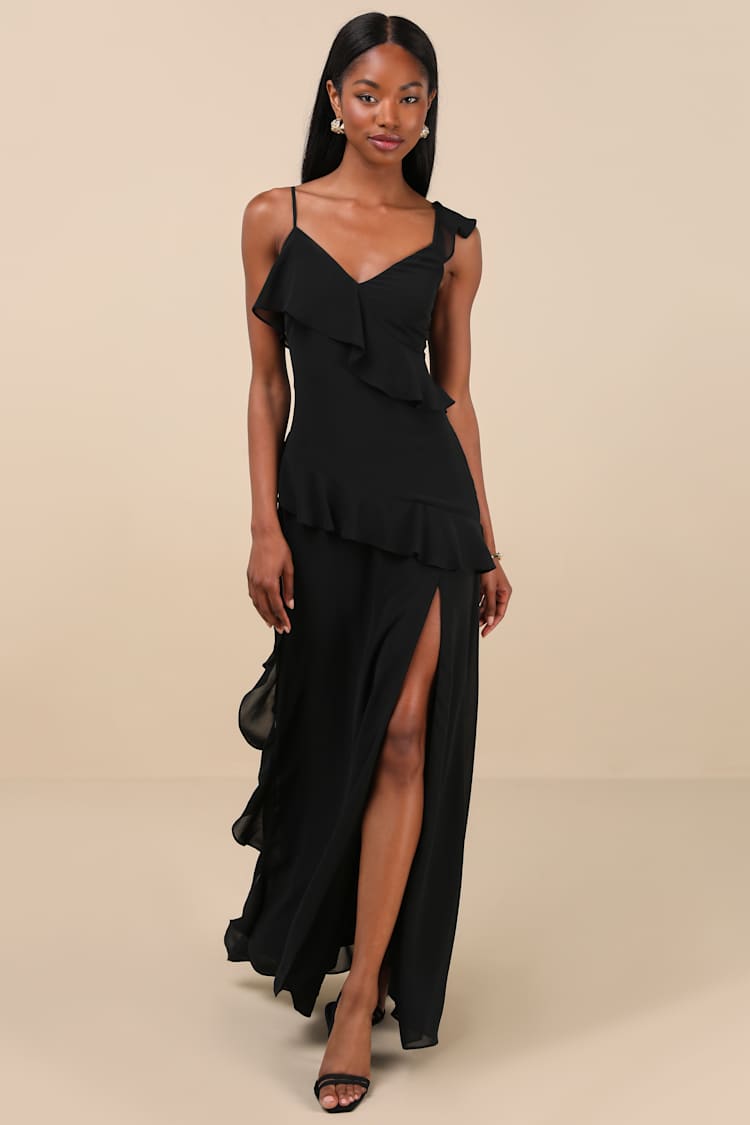 Black Chiffon Gown - Ruffled Maxi Dress - Chiffon Ruffled Dress