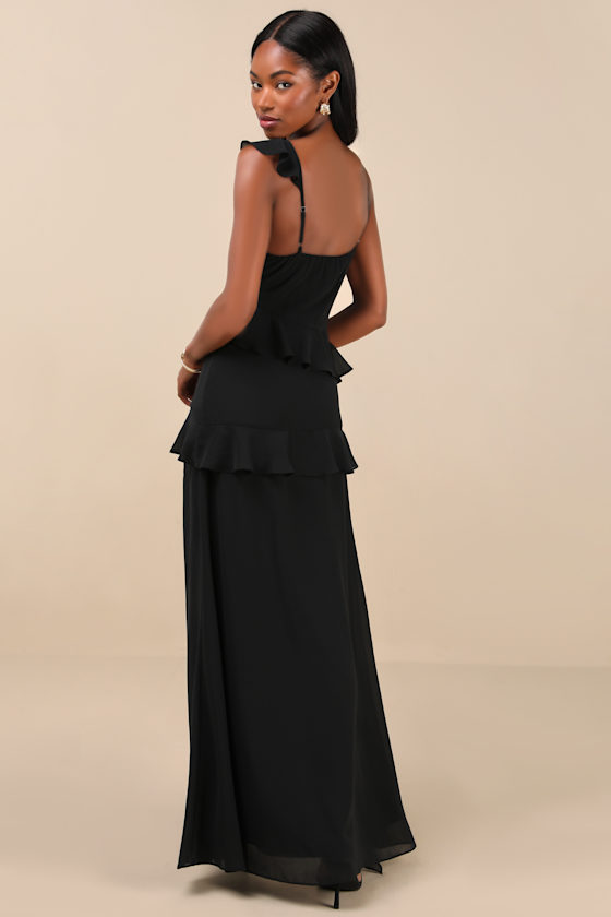 Lulus Utterly Captivating Black Ruffled Sleeveless Maxi Dress In Black