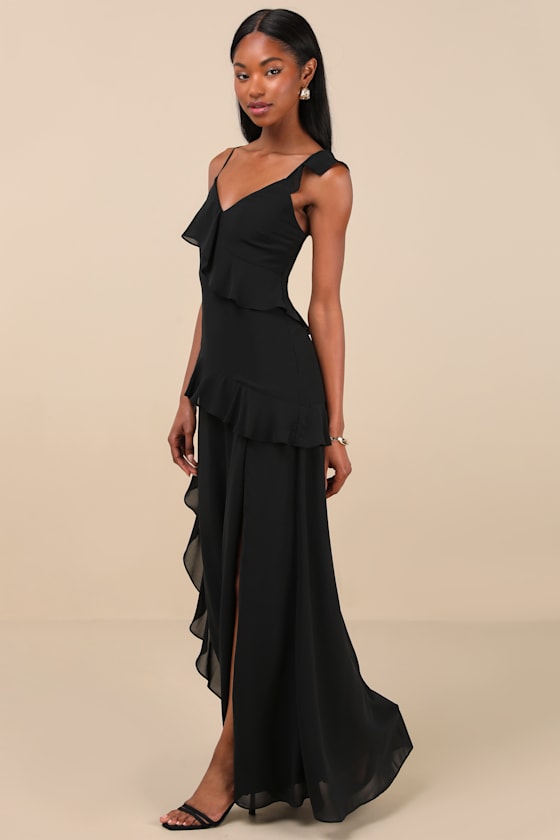 Lulus Utterly Captivating Black Ruffled Sleeveless Maxi Dress In Black