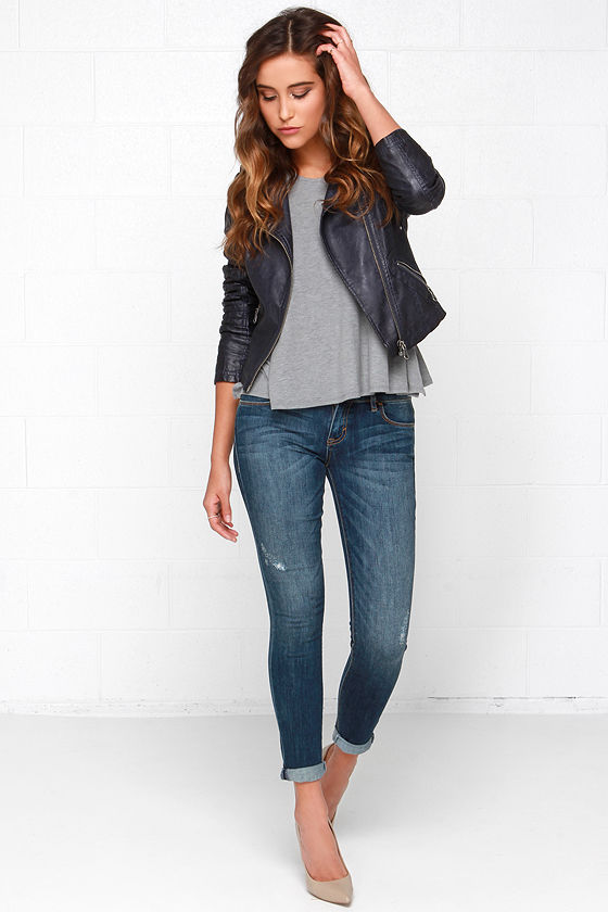 Black Swan Heart Midnight Blue Vegan Leather Jacket