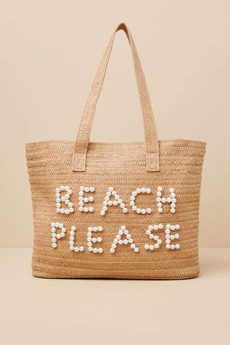 Beach Please Beige Raffia Pearl Tote Bag