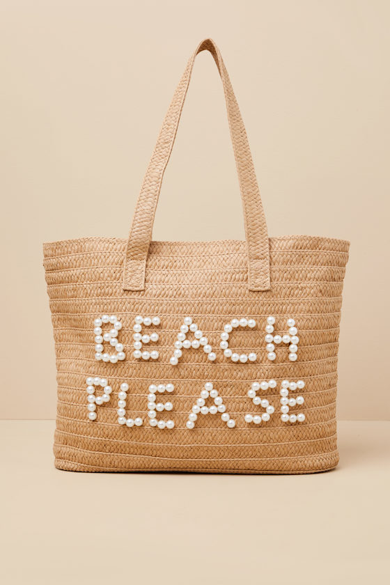 Beach Please Beige Raffia Pearl Tote Bag 1
