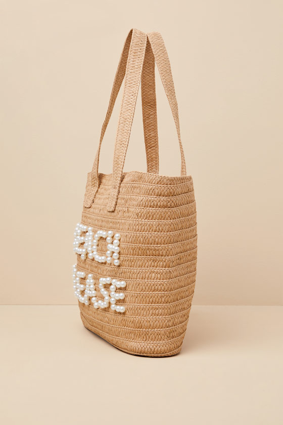 Lulus Beach Please Beige Raffia Pearl Tote Bag In Beige