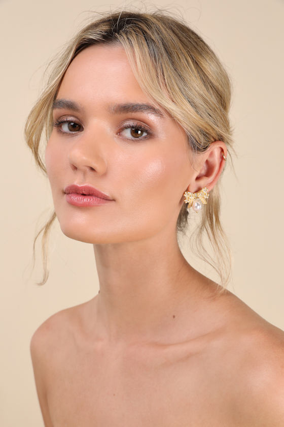 Shop Lulus Carabella 14kt Gold Rhinestone Pearl Bow Earrings