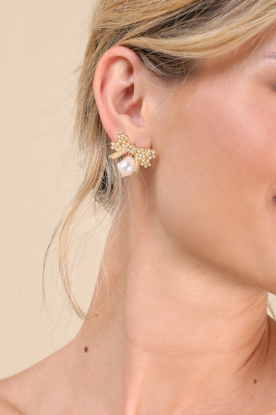 Shop Lulus Carabella 14kt Gold Rhinestone Pearl Bow Earrings