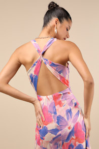 Delight in Elegance Pink and Blue Multi Floral Halter Midi Dress 1