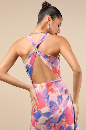 Delight in Elegance Pink and Blue Multi Floral Halter Midi Dress 1