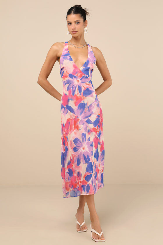 Lulus Delight In Elegance Blush Multi Floral Halter Cutout Midi Dress In Pink