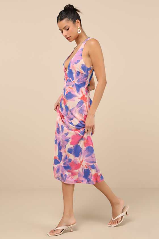 Lulus Delight In Elegance Blush Multi Floral Halter Cutout Midi Dress In Pink