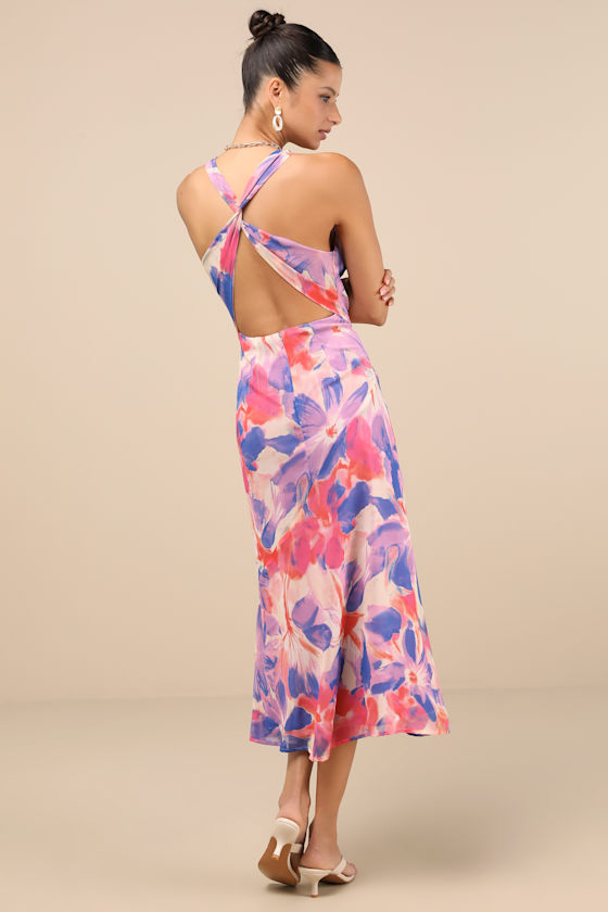 Lulus Delight In Elegance Blush Multi Floral Halter Cutout Midi Dress In Pink