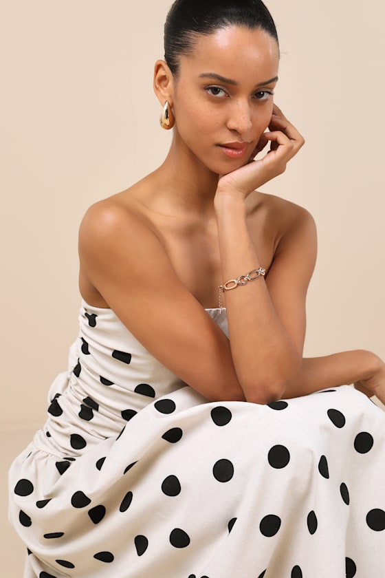 4th & Reckless Brona Cream Polka Dot Ruched Drop Waist Strapless Midi Dress In White