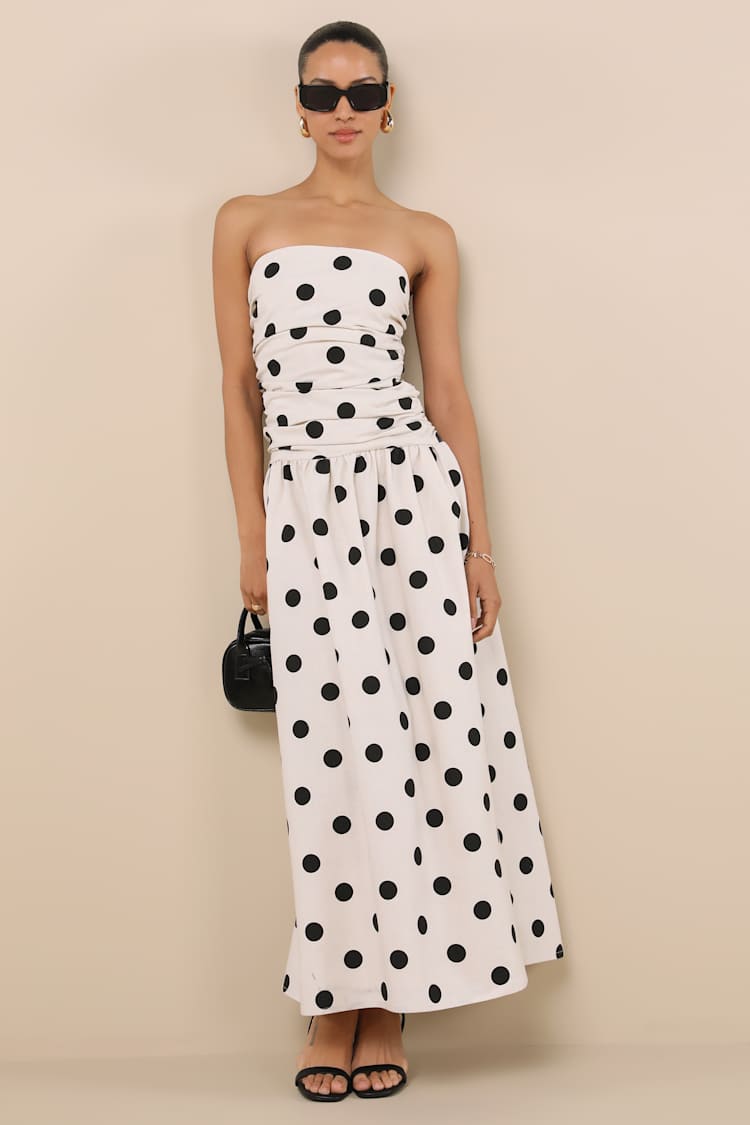 Brona Cream Polka Dot Ruched Drop Waist Strapless Midi Dress