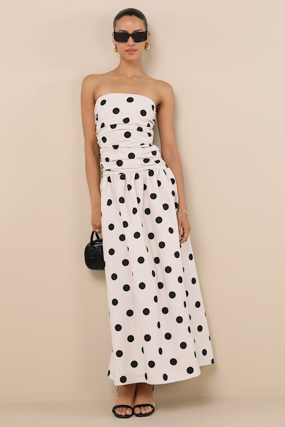 Brona Cream Polka Dot Ruched Drop Waist Strapless Midi Dress 3