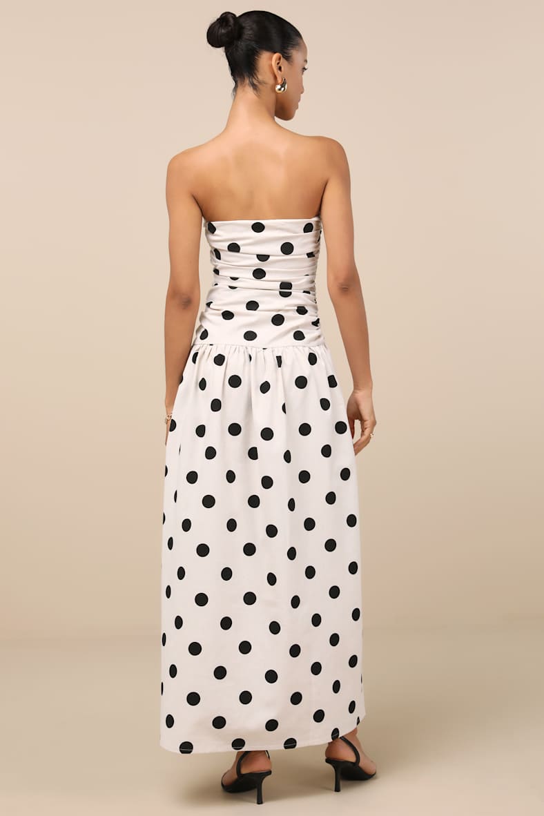 Brona Cream Polka Dot Ruched Drop Waist Strapless Midi Dress