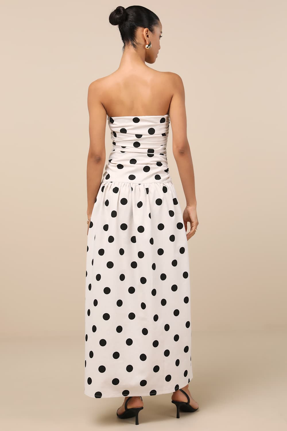 Brona Cream Polka Dot Ruched Drop Waist Strapless Midi Dress