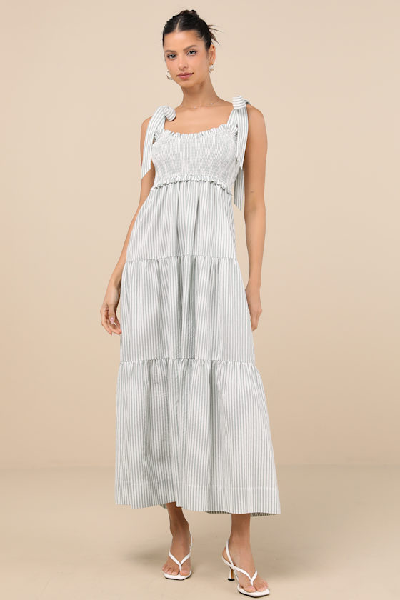 Lulus Bembe Sage Striped Tie-strap Tiered Maxi Dress In Green