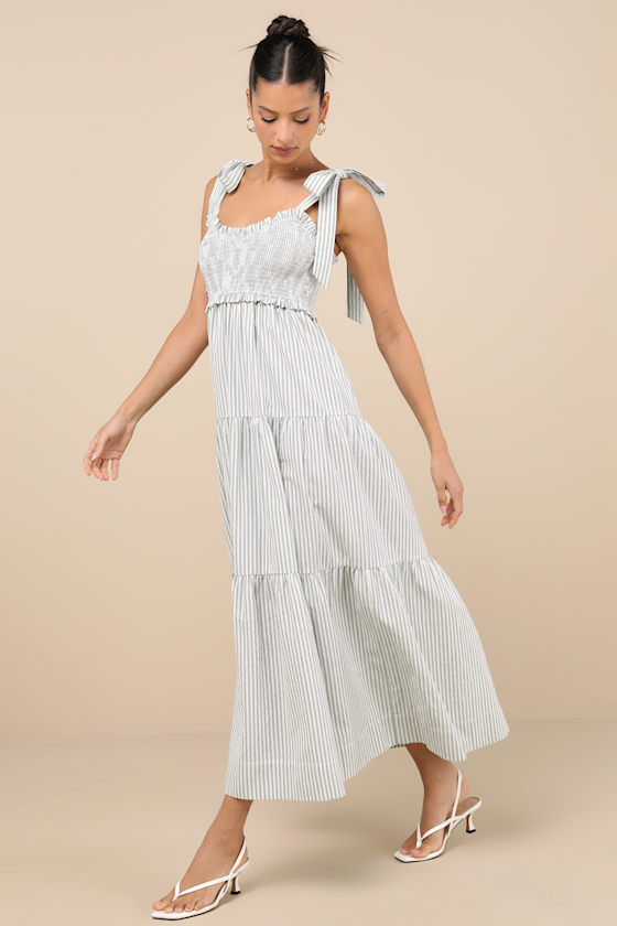 Lulus Bembe Sage Striped Tie-strap Tiered Maxi Dress In Green