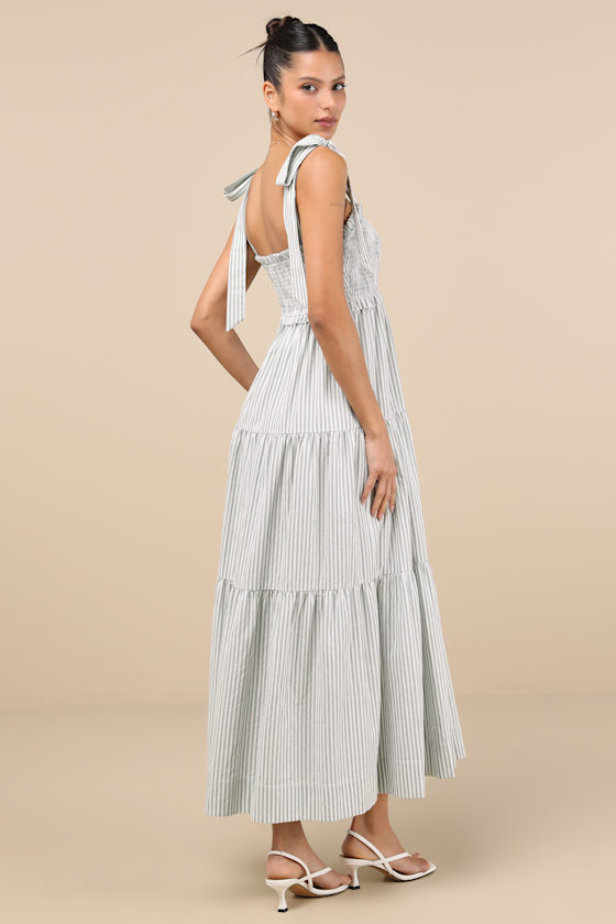 Lulus Bembe Sage Striped Tie-strap Tiered Maxi Dress In Green