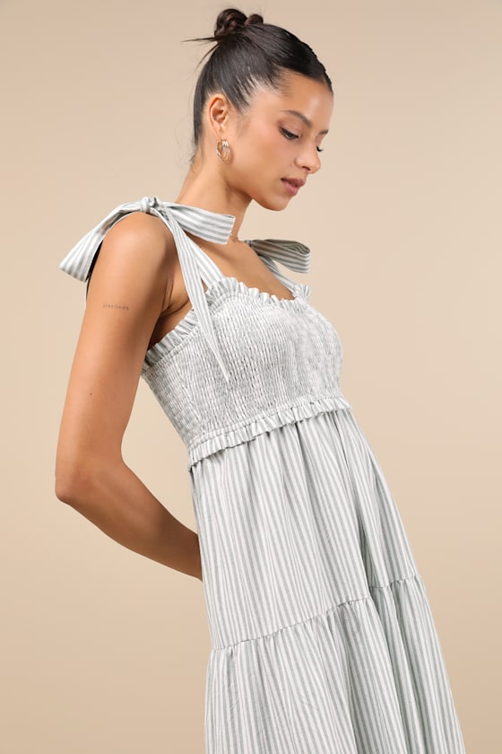 Lulus Bembe Sage Striped Tie-strap Tiered Maxi Dress In Green