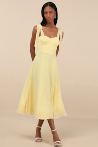 Sophisticated Charisma Light Yellow Tie-Strap A-Line Midi Dress