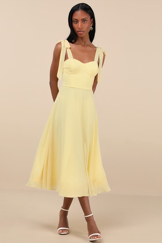 Sophisticated Charisma Light Yellow Tie-Strap A-Line Midi Dress 1