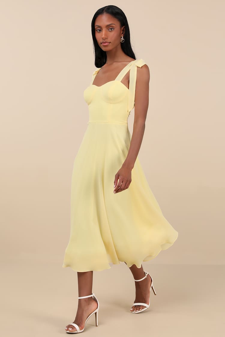 Sophisticated Charisma Light Yellow Tie-Strap A-Line Midi Dress