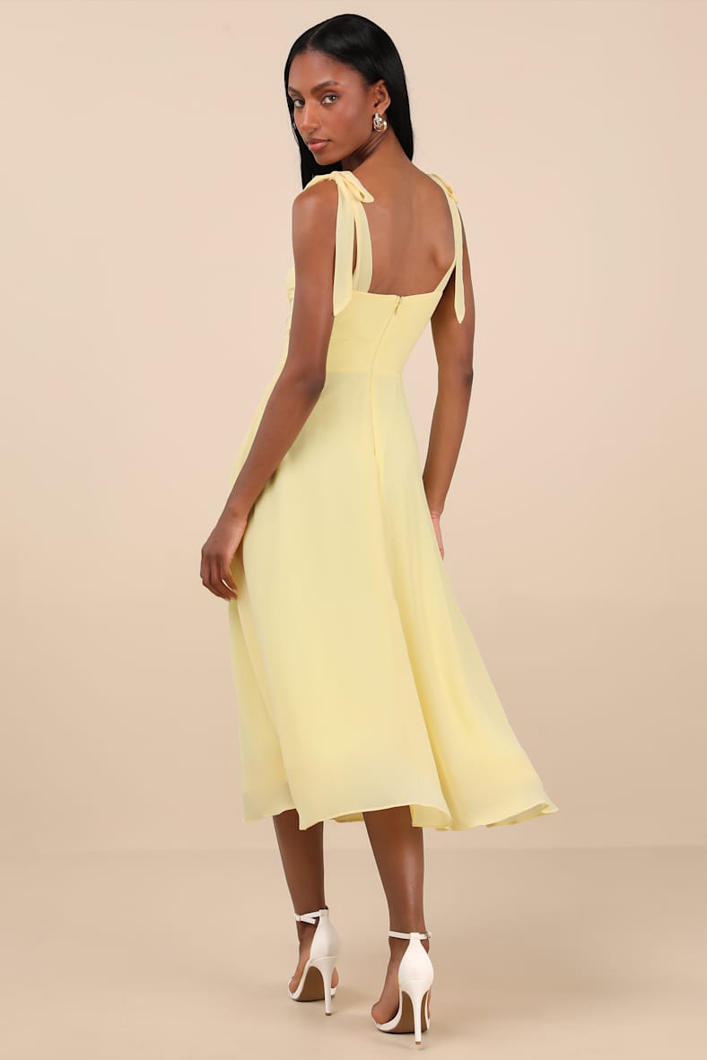 Sophisticated Charisma Light Yellow Tie-Strap A-Line Midi Dress