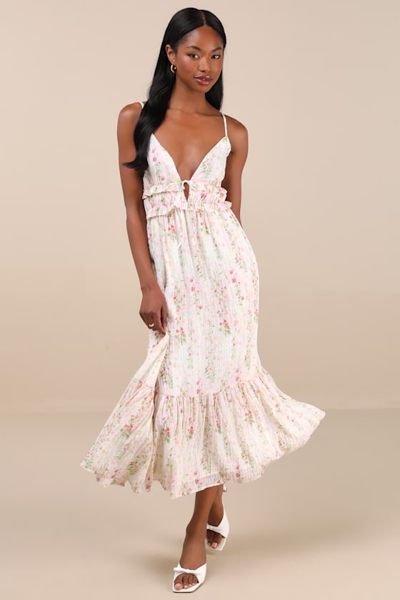 Shop Lulus Sandi Ivory Multi Floral Tie-front Midi Dress