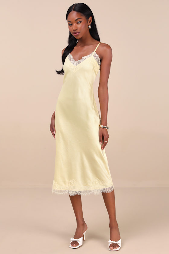 Raenne Light Yellow Crinkle Satin Lace Midi Slip Dress 1