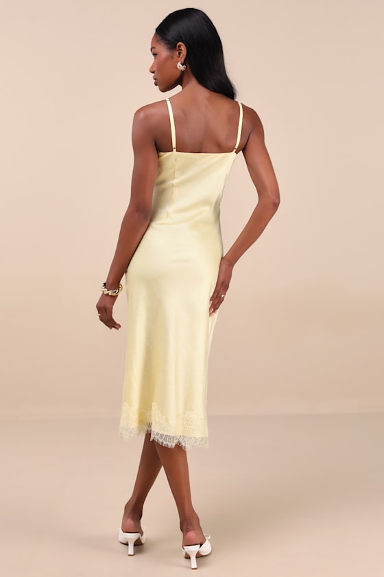 Lulus Raenne Light Yellow Crinkle Satin Lace Midi Slip Dress In Light Yellow