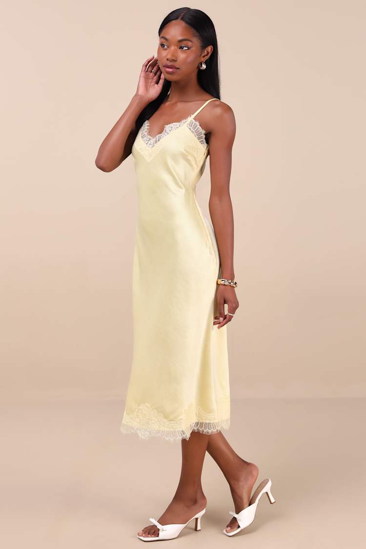 Light Yellow Crinkle Satin Lace Midi Slip Dress | Womens | Large (Available in XL) | 100% Polyester | Lulus Light Yellow Crinkle Satin Lace Midi Slip Dress | Womens | Large (Available in XL) | 100% Polyester | Lulus