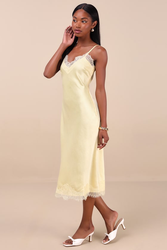Raenne Light Yellow Crinkle Satin Lace Midi Slip Dress 2