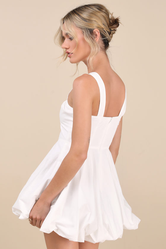 Lulus Regal Cutie White Satin Square Neck Bubble-hem Mini Dress In White