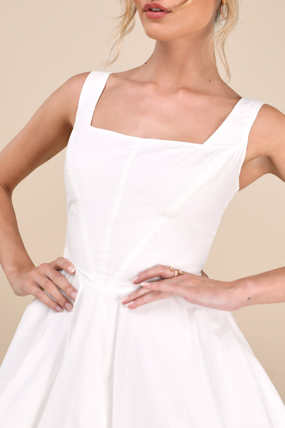 Lulus Regal Cutie White Satin Square Neck Bubble-hem Mini Dress In White