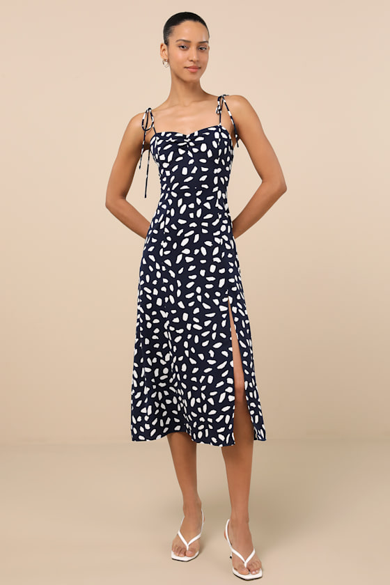 Navy Blue Waist Tie-up Midi Dress with Floral Print